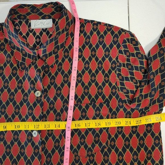 Vintage Cathy Che Blouse 1X Button Front Shoulder Pads Long Sleeve Red Blue Geo - Picture 9 of 10